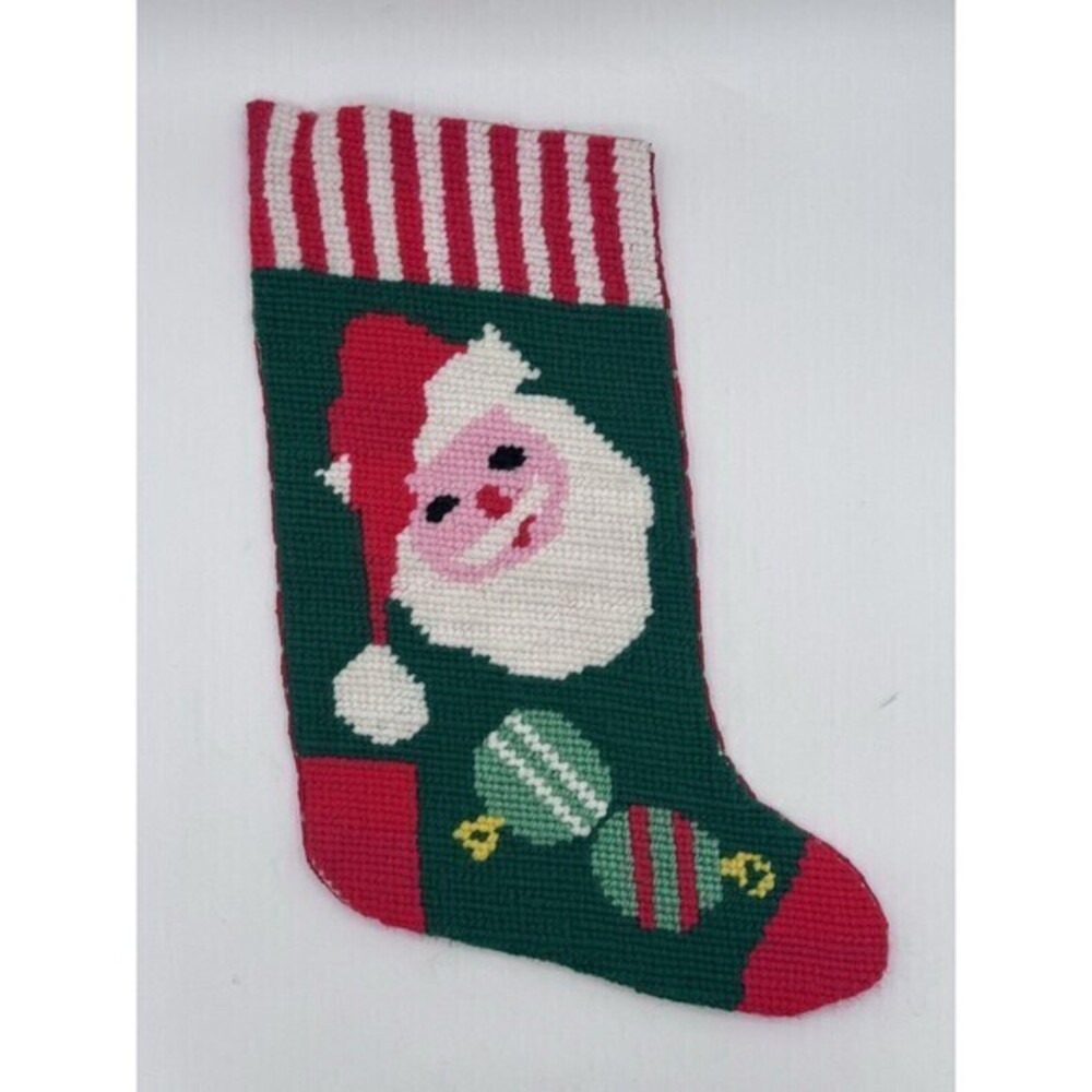 Vintage Santa Claus Needlepoint Christmas Stocking Holiday Decor 14.5”
